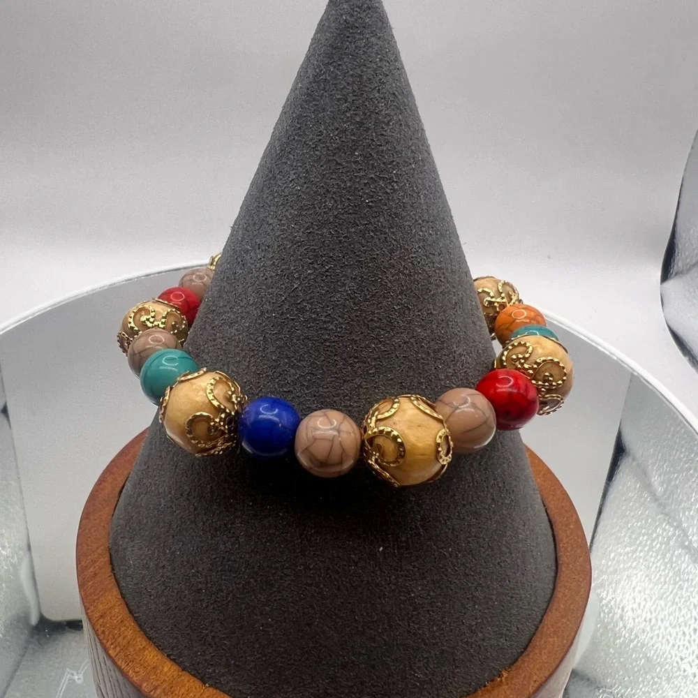 Brand New Chakra Healing Bracelet Gold Filigree Wood Beads Boho